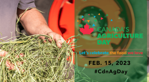 Canadian agriculture day graphic with photo of hands holding hay